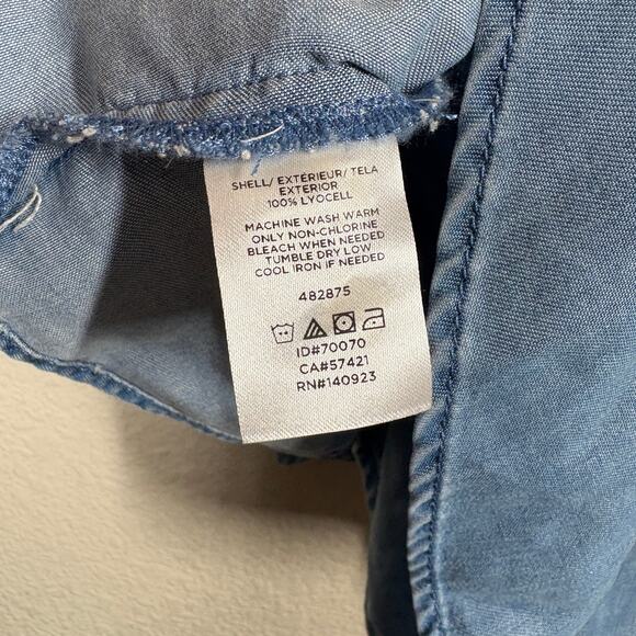 Loft Size XS Wrap Chambray Top Blouse Blue Belted V Neck Flared Sleeves - Picture 10 of 10